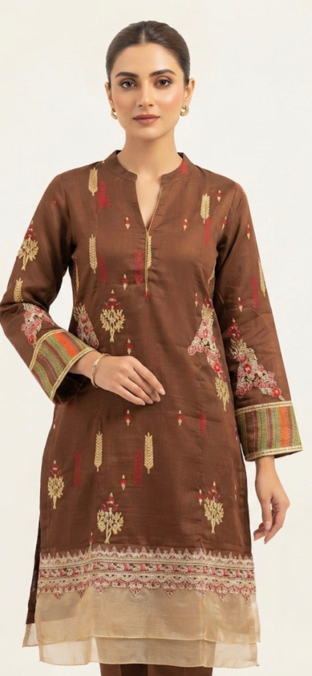 Chocolate Brown Floral Embroidered Kurta