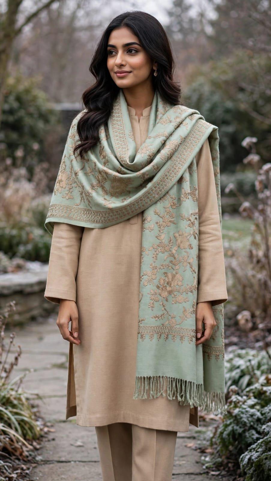 Warm & Cozy Floral Jaal Pashmina 3-Piece Suit with Mini Shawl
